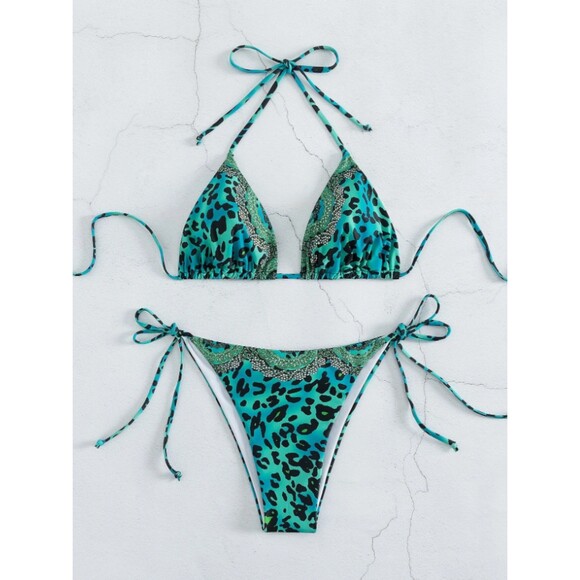 Size 14 Green Leopard Print Stretch Tie Side Halter Triangle Bikini Swimsuit - Picture 4 of 6